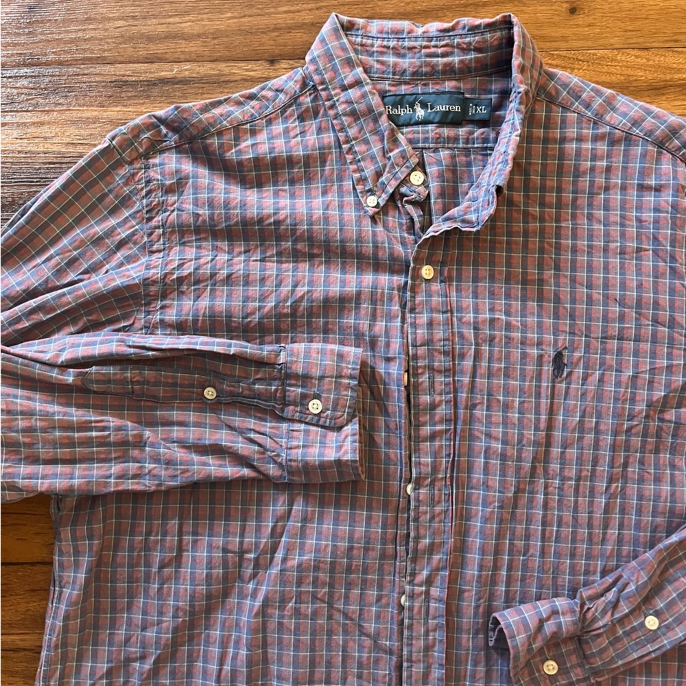Polo Ralph Lauren L/S Button Down Front Shirt Navy Blue Red Plaid Men's XL